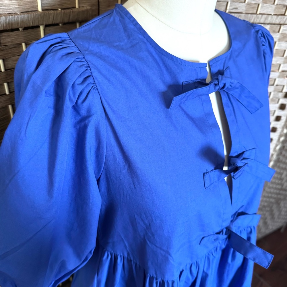NWT blue tie-front 100% cotton popover dress S - Picture 3 of 11